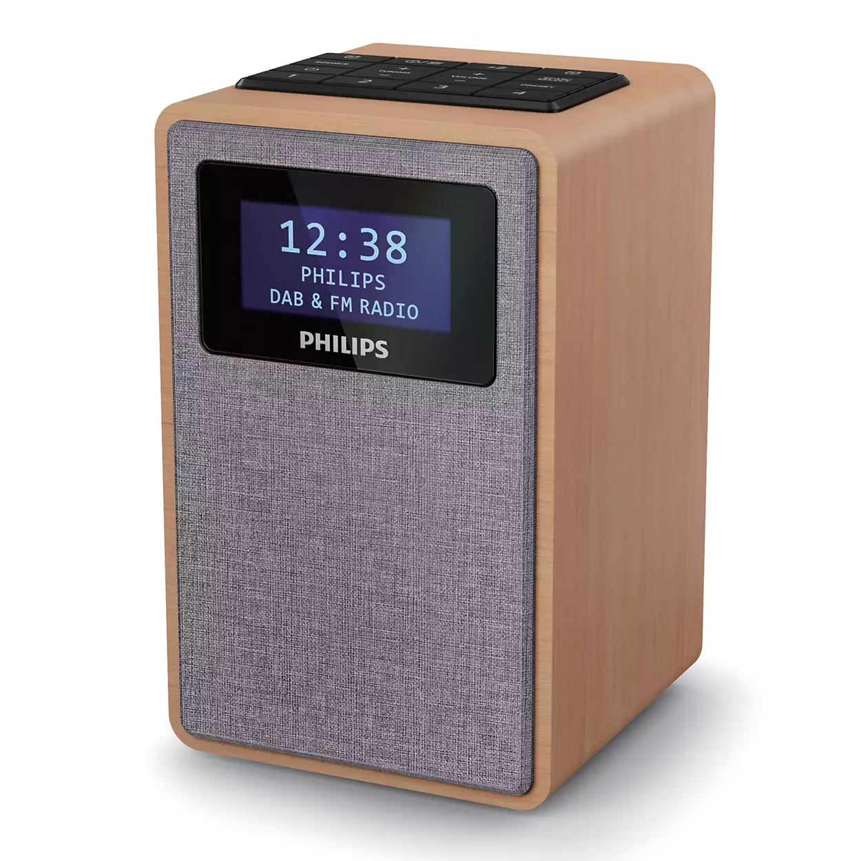 Wooden Philips DAB & FM radio. Display shows time, brand, and radio type. Controls on top. Front has gray fabric.