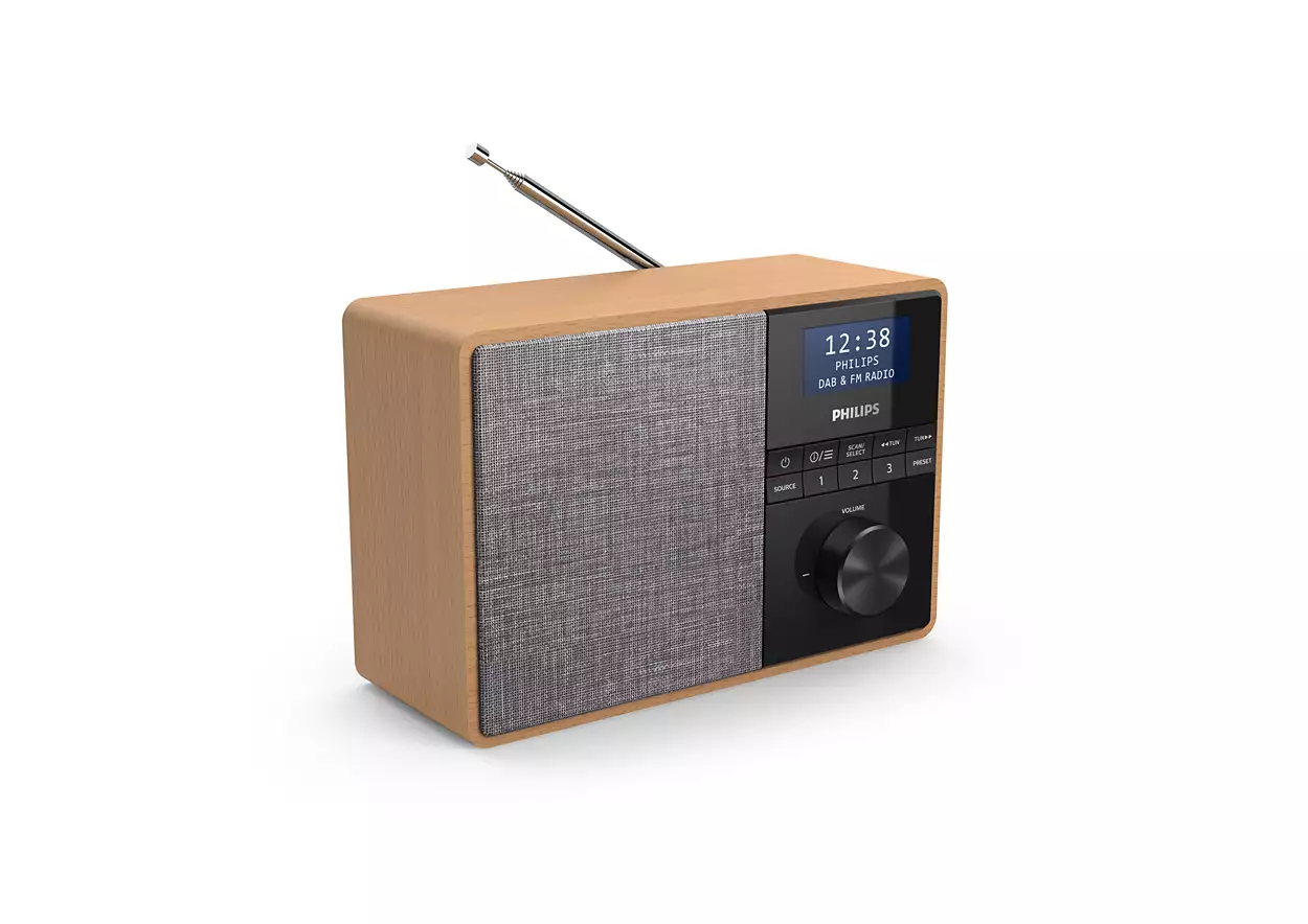 Wooden Philips radio, with a display, buttons, and a volume knob. It has a small antenna.