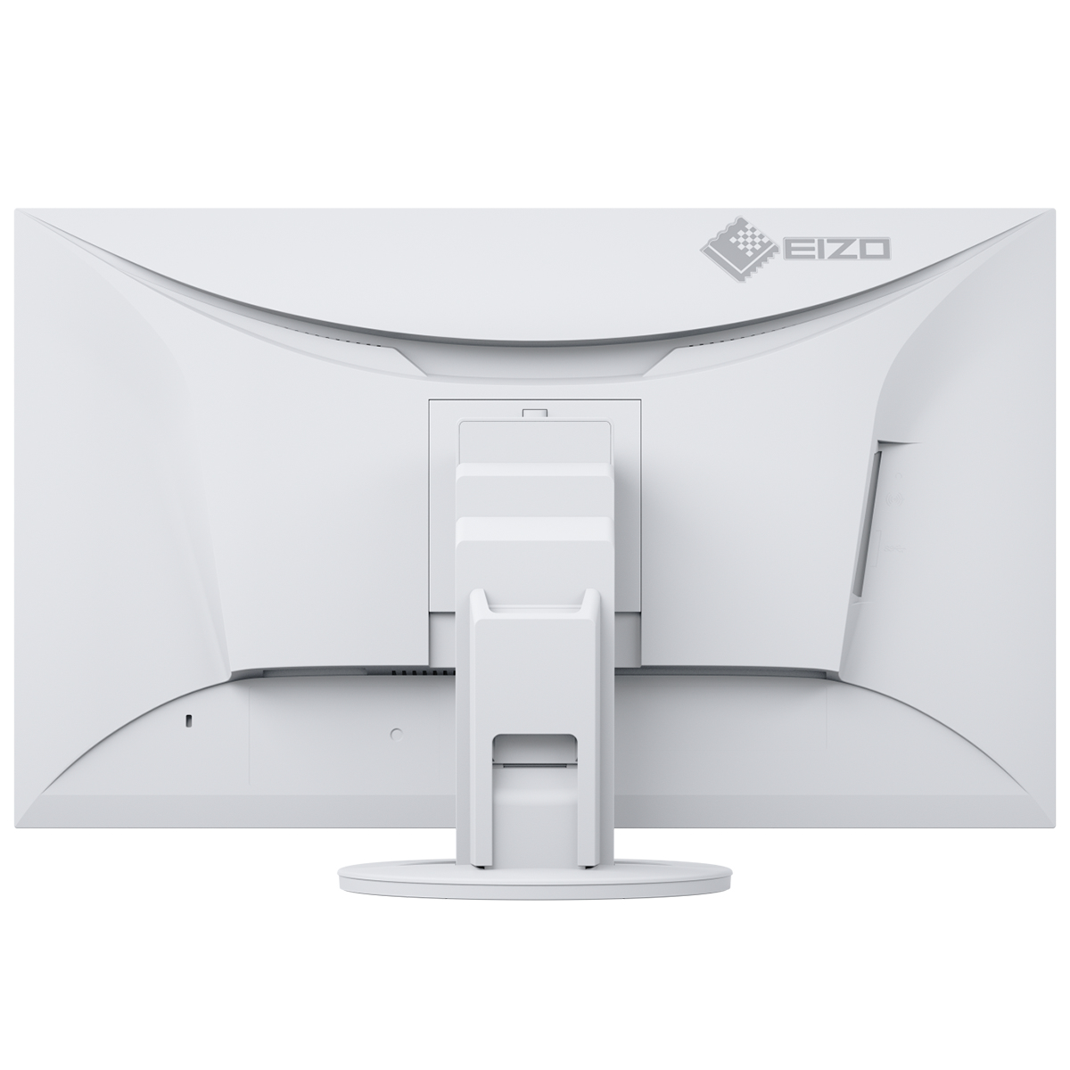 Rückseite eines weißen EIZO Monitors mit Logo und Ständer.