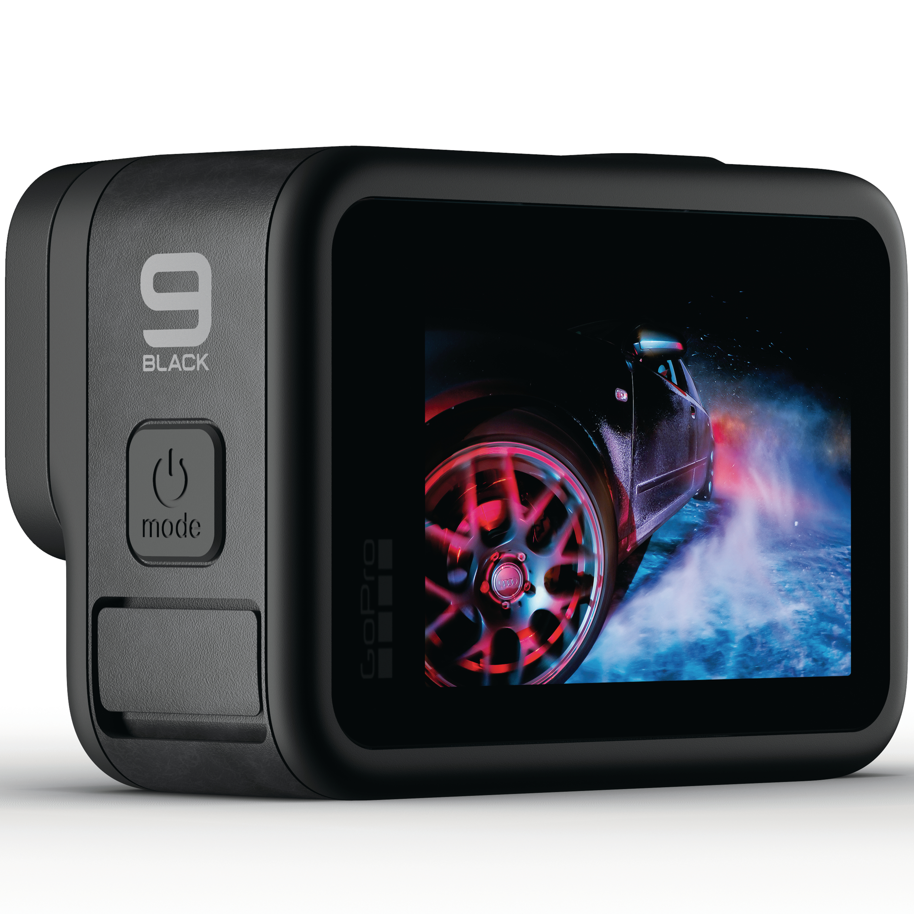 Schwarze GoPro-Kamera, die das Rad eines Autos in einer rauchigen Umgebung zeigt. Power- und Modustasten.