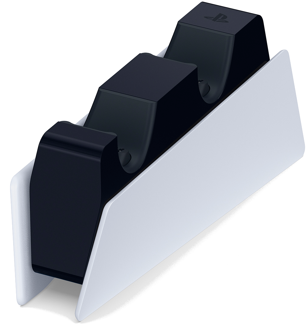 PlayStation 5 DualSense Ladestation. Sie ist weiß mit zwei Ladeschlitzen und einem PlayStation-Logo.