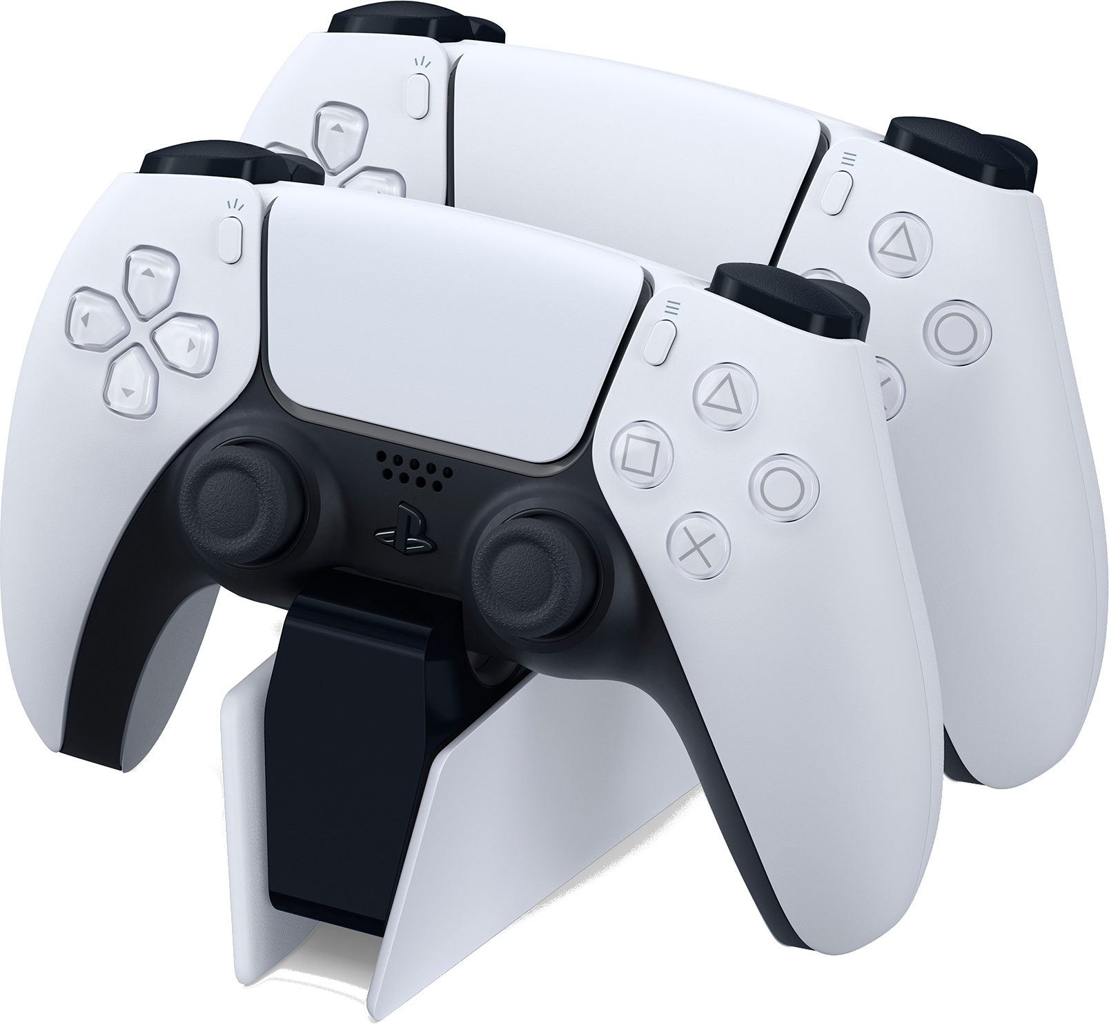 Zwei weiße PS5-Controller auf einer weißen Ladestation. Die Controller haben schwarze Daumensticks und Knöpfe.
