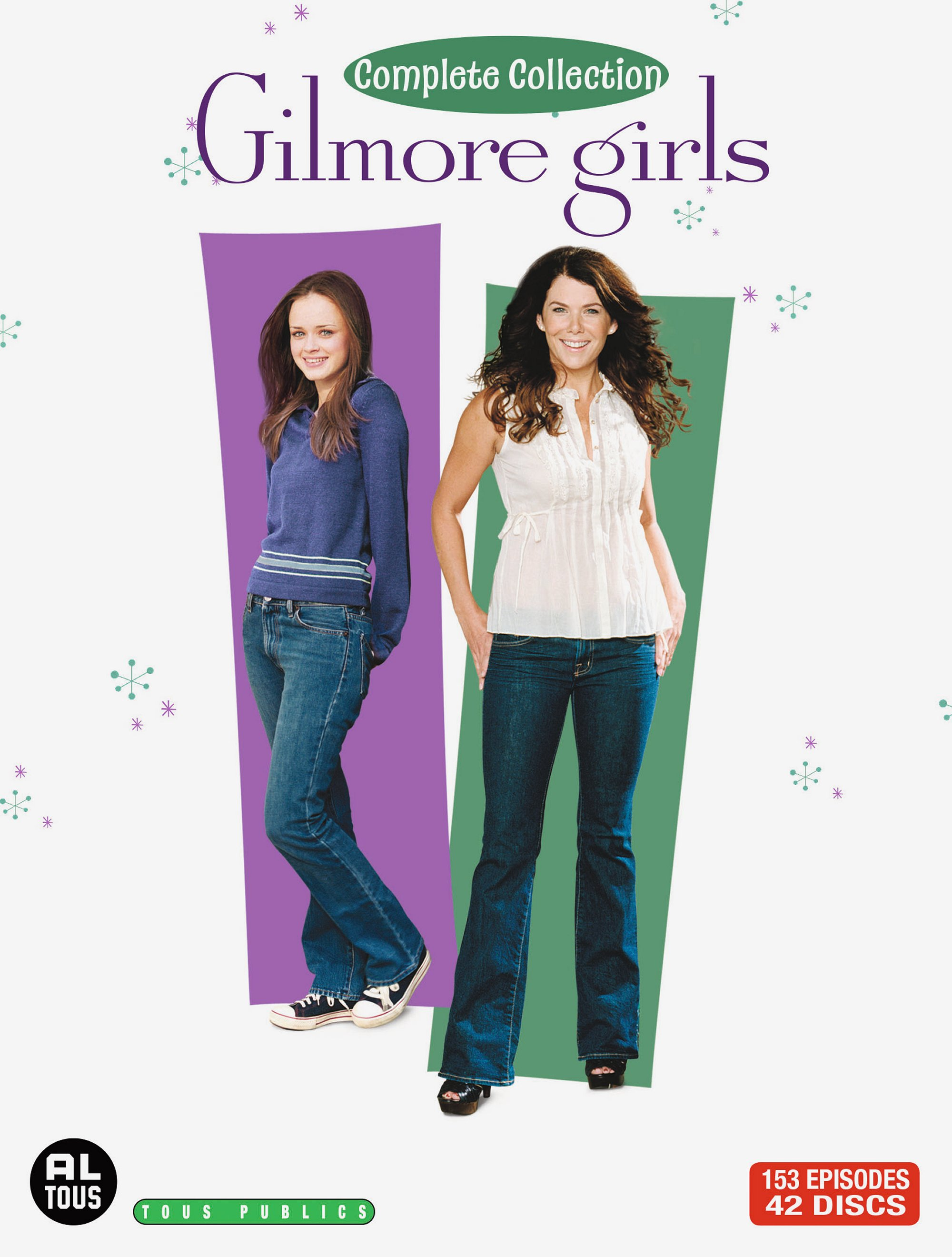 Couverture DVD de 'Gilmore Girls' avec deux femmes devant un fond violet et vert.