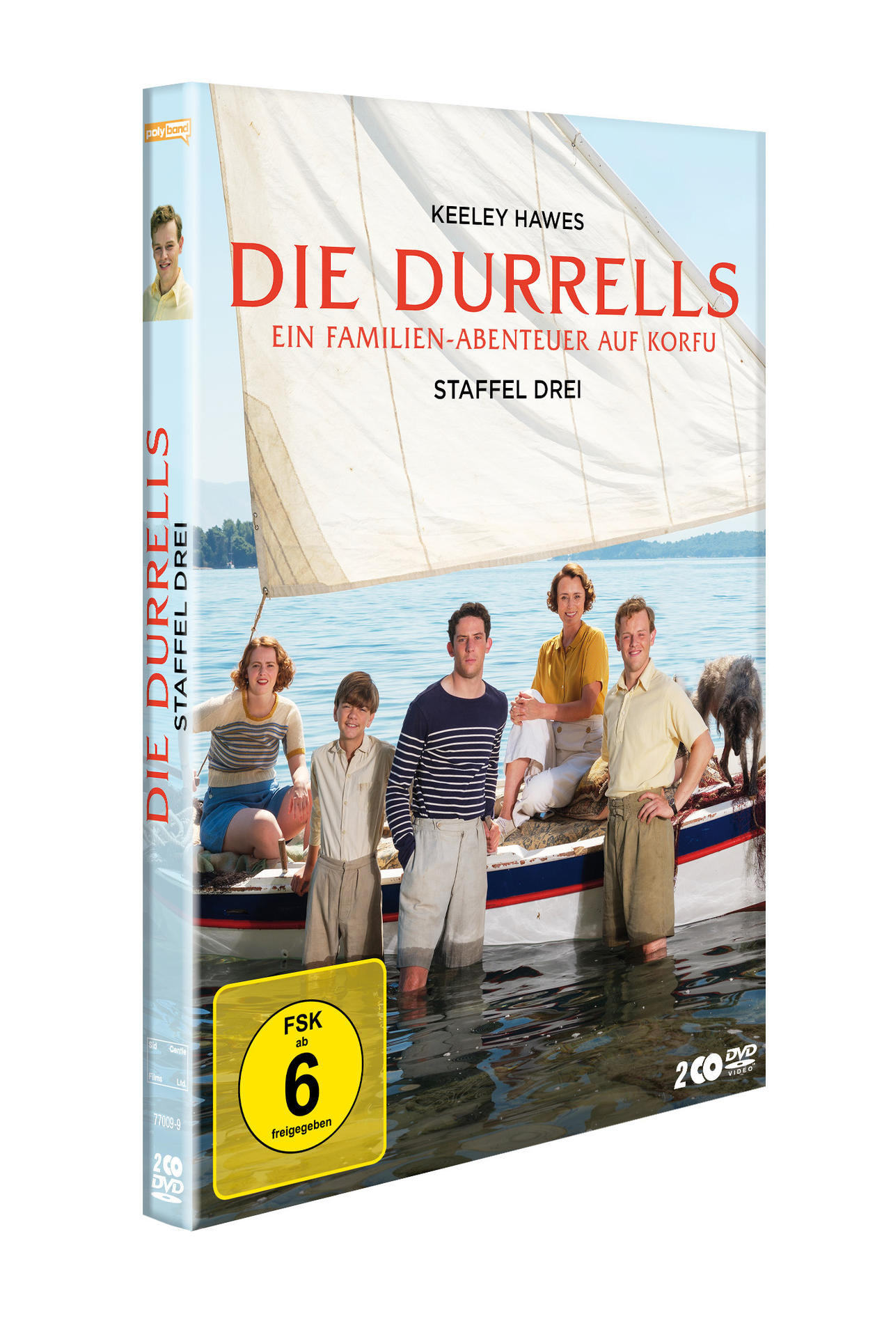 DVD-Hülle mit Gruppe auf Boot; Text 'Die Durrells'.