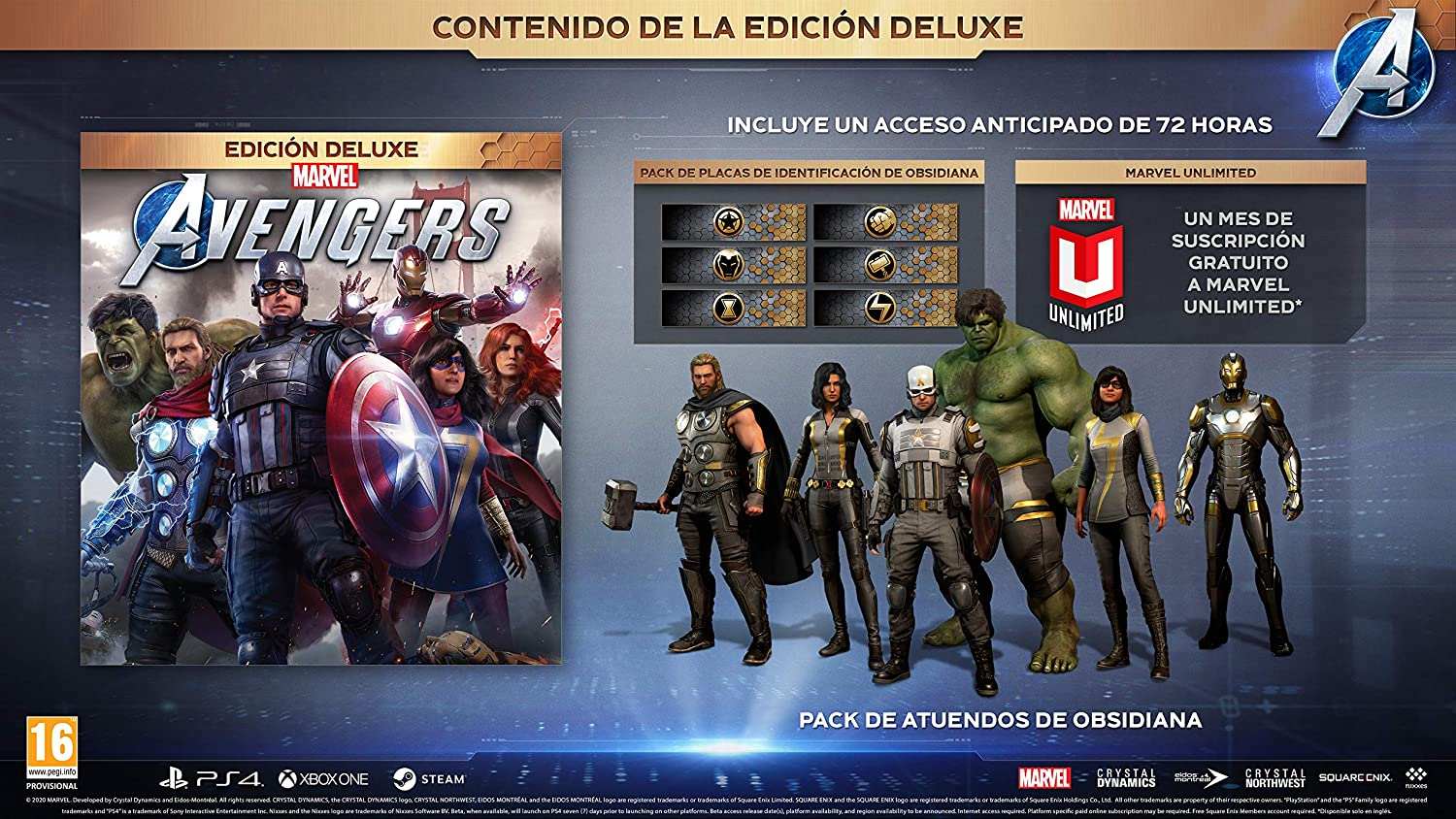 Caja del juego Marvel's Avengers. Muestra personajes y características de la edición deluxe.