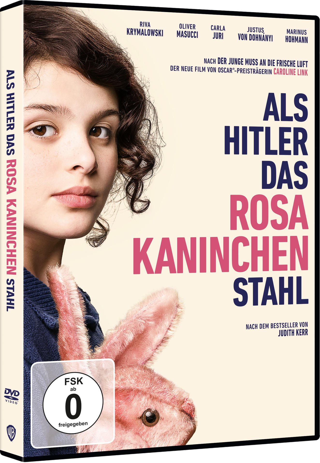 Filmposter für den Film "Als Hitler das Rosa Kaninchen stahl" mit einem Mädchen und einem rosa Kaninchen.
