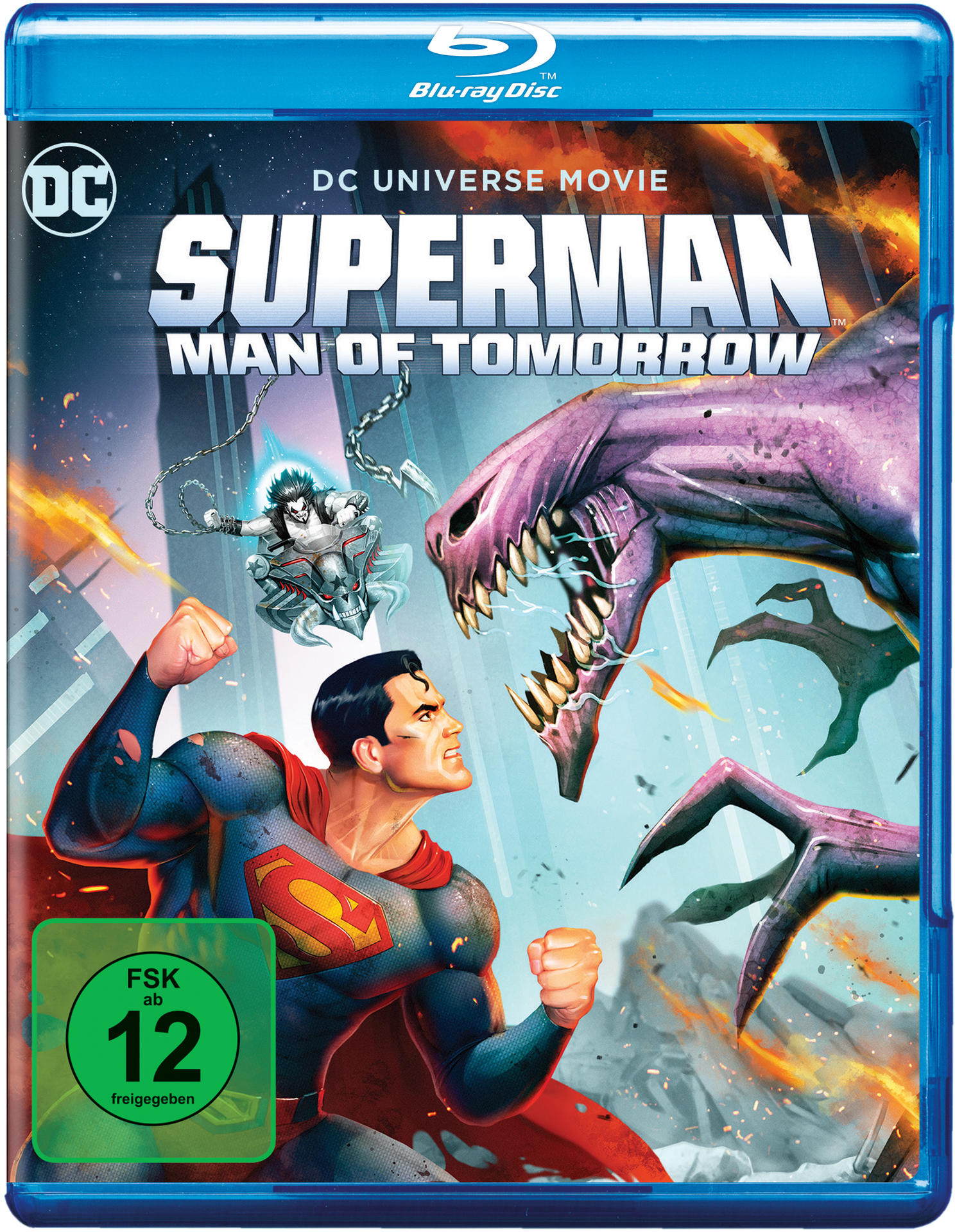 Blu-ray-Disc-Cover von Superman. Superman kämpft gegen ein lila Monster. Das DC-Logo befindet sich oben links.