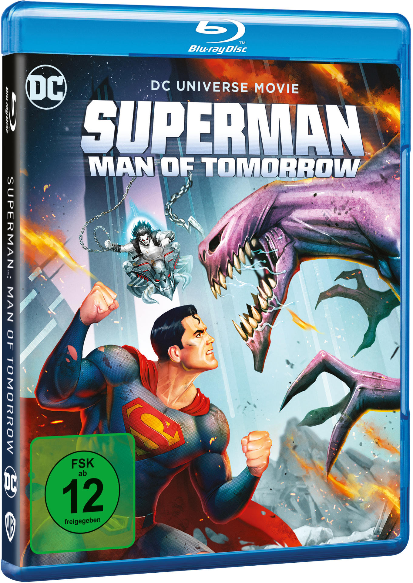 Eine Blu-ray-Box von Superman: Man of Tomorrow, mit einem lila Monster.