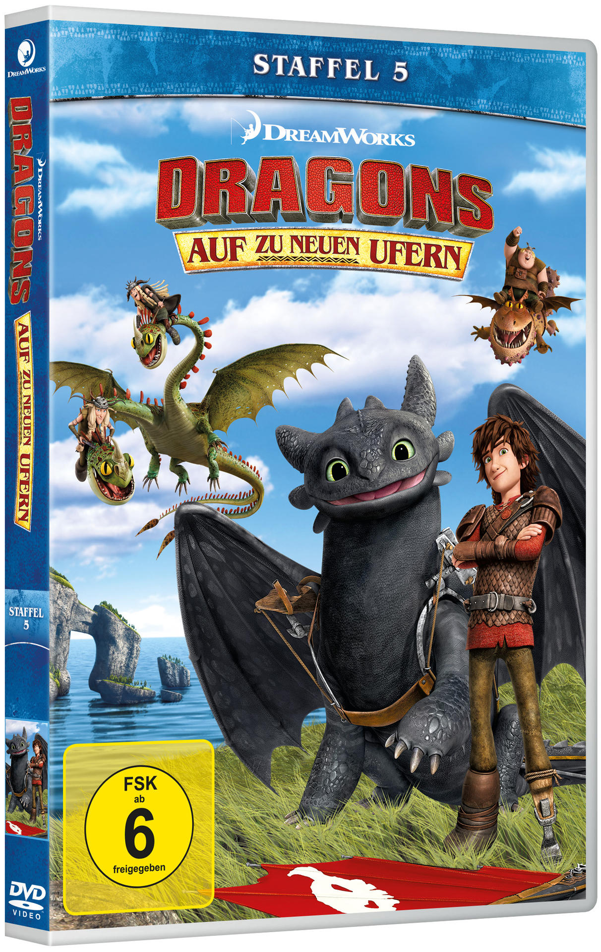 DVD-Cover des Films "Dragons: Auf zu neuen Ufern" mit den Hauptfiguren.