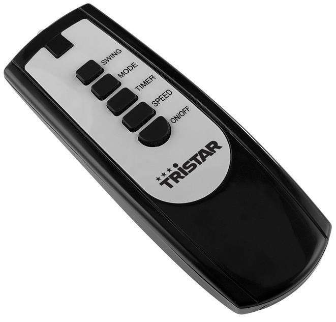 Zwarte afstandsbediening met witte knoppen en het woord Tristar. Knoppen zijn gemarkeerd met Swing, Mode, Timer, Speed en Aan/Uit.