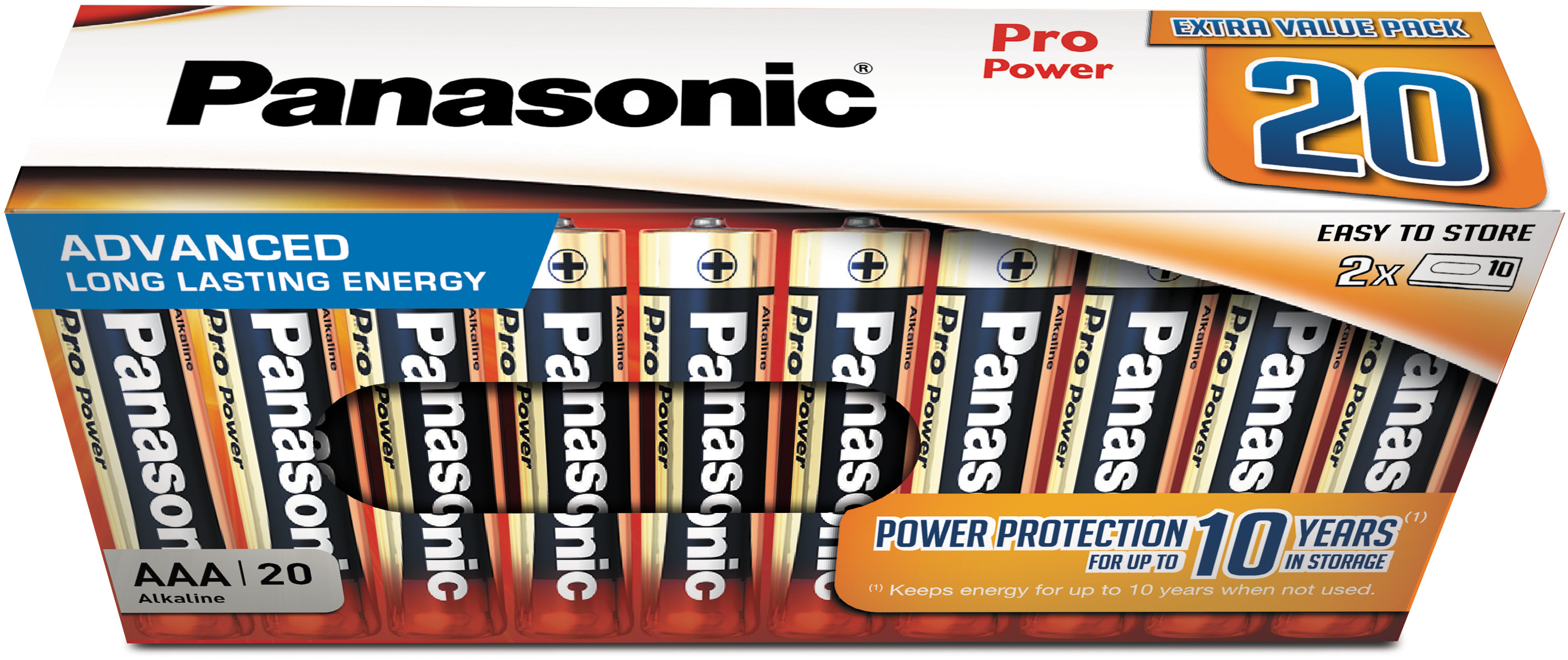 Eine Packung mit 20 Panasonic AAA Alkaline-Batterien. Die Verpackung ist orange und weiß.