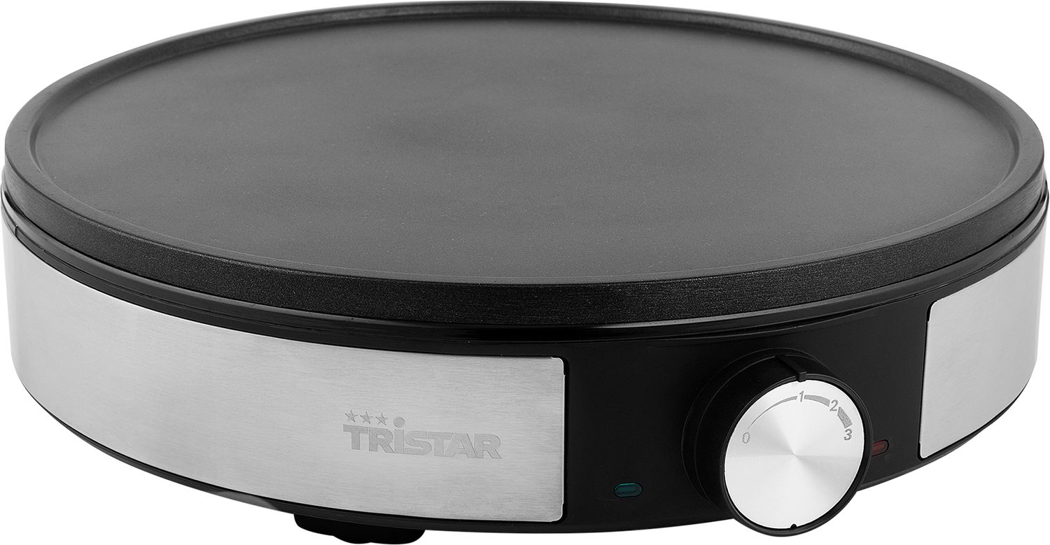 A black crepe maker with a silver trim and a dial.