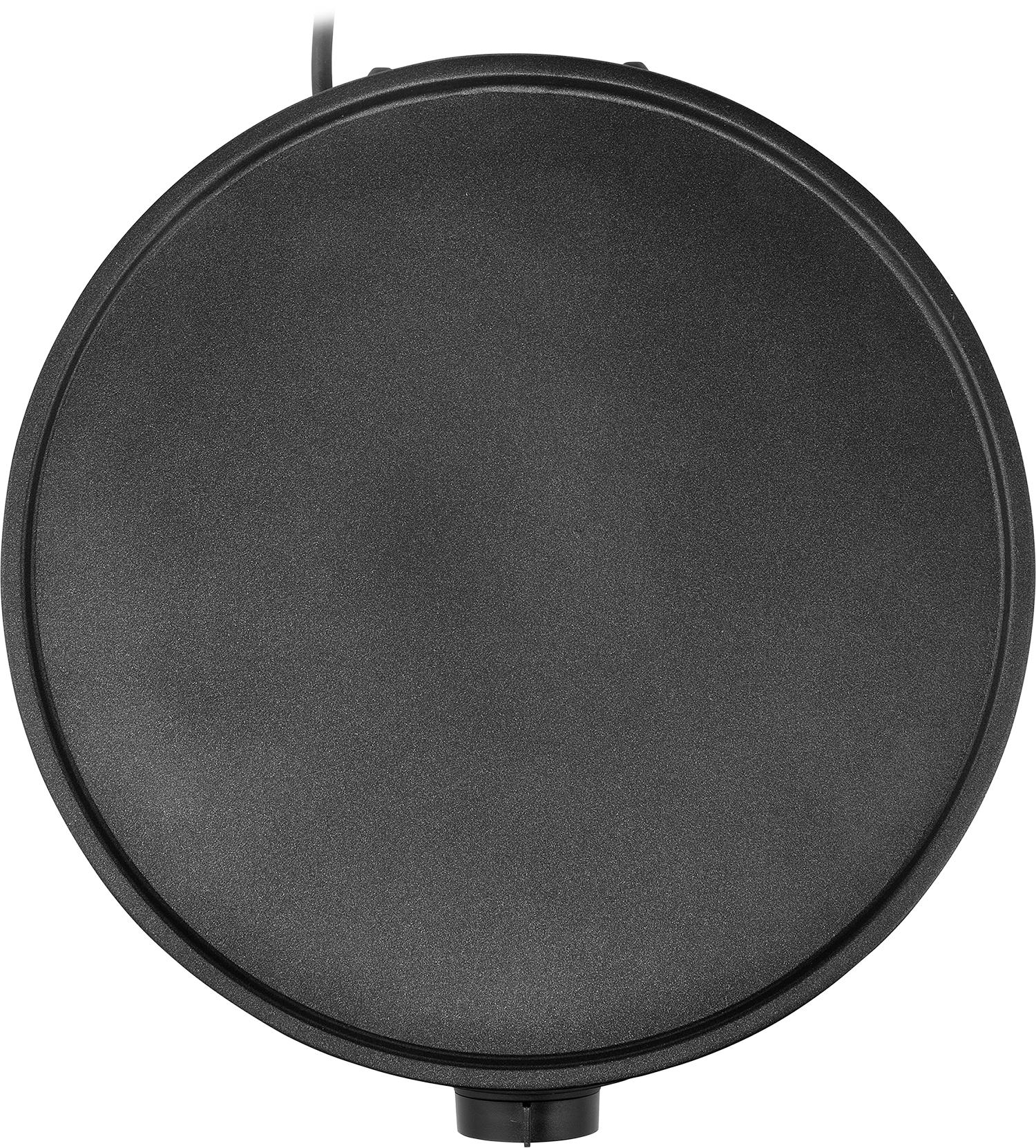 Black crepe maker plate. Round, with a non-stick surface and a power plug.