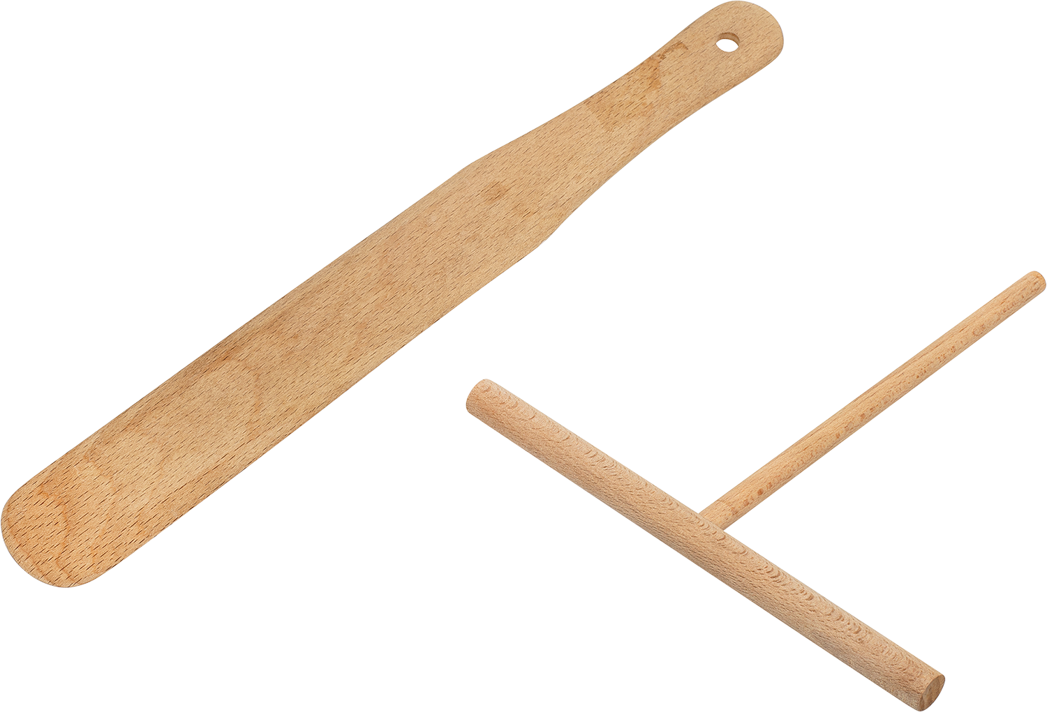 Wooden crepe spreaders, one long, one T-shaped with a handle.