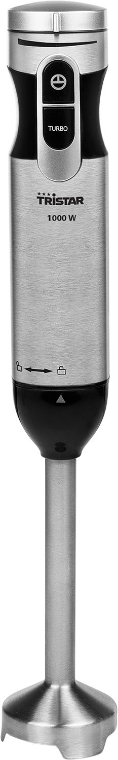 Silver and black hand blender, turbo button, 1000W label.