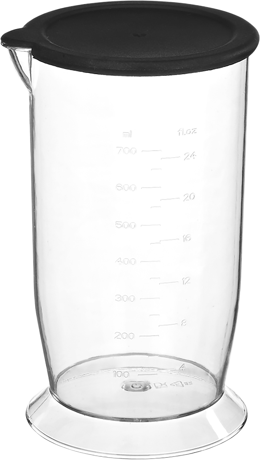 Clear plastic measuring cup with a black lid, white background.