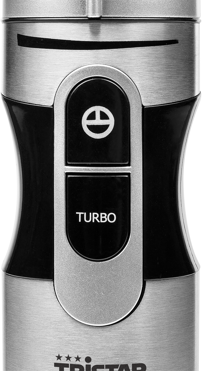 Hand blender detail. Buttons marked with a symbol and 'TURBO'. Black and silver design.