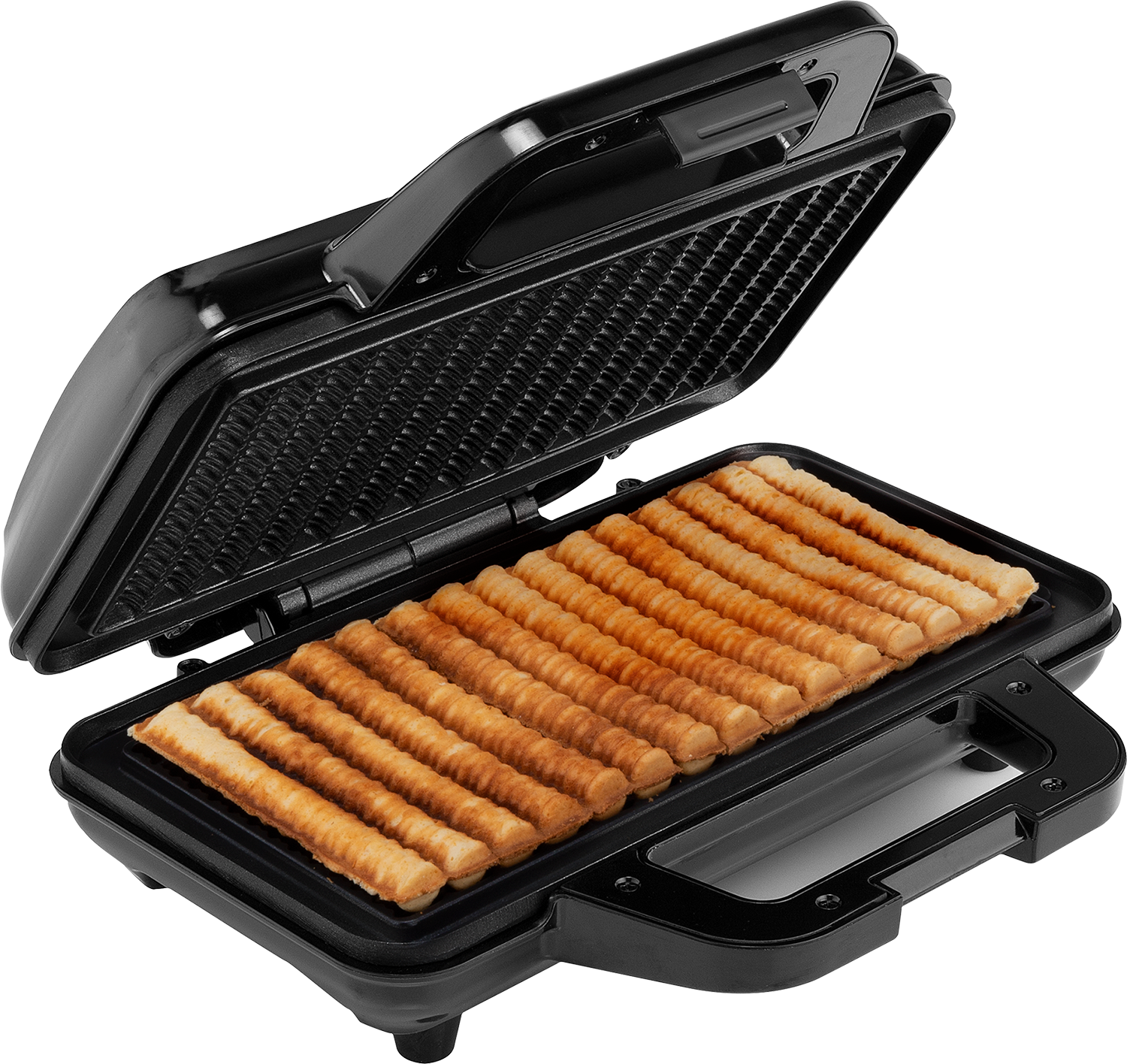 Waffle maker. Open black appliance with cooked waffles inside. Heating plates visible.