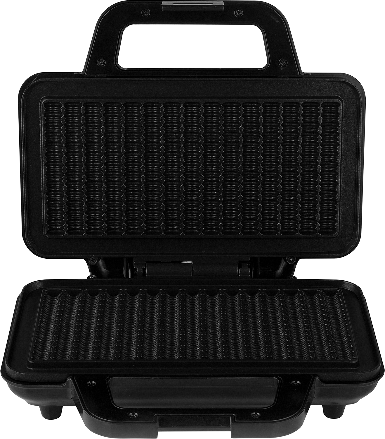 Black waffle maker open, with textured surfaces inside.