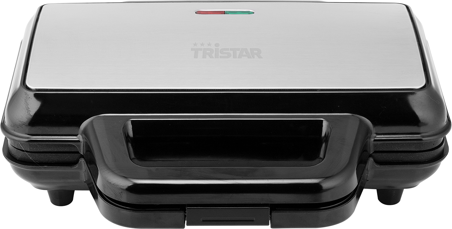 A black and silver sandwich maker. The top is closed with lights visible. The background is black.