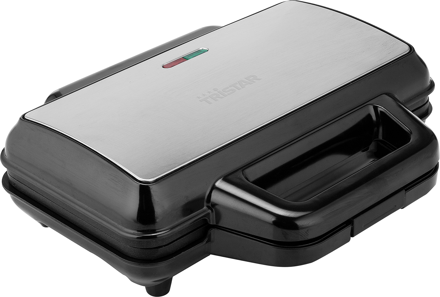 A black and silver sandwich maker, top down view.