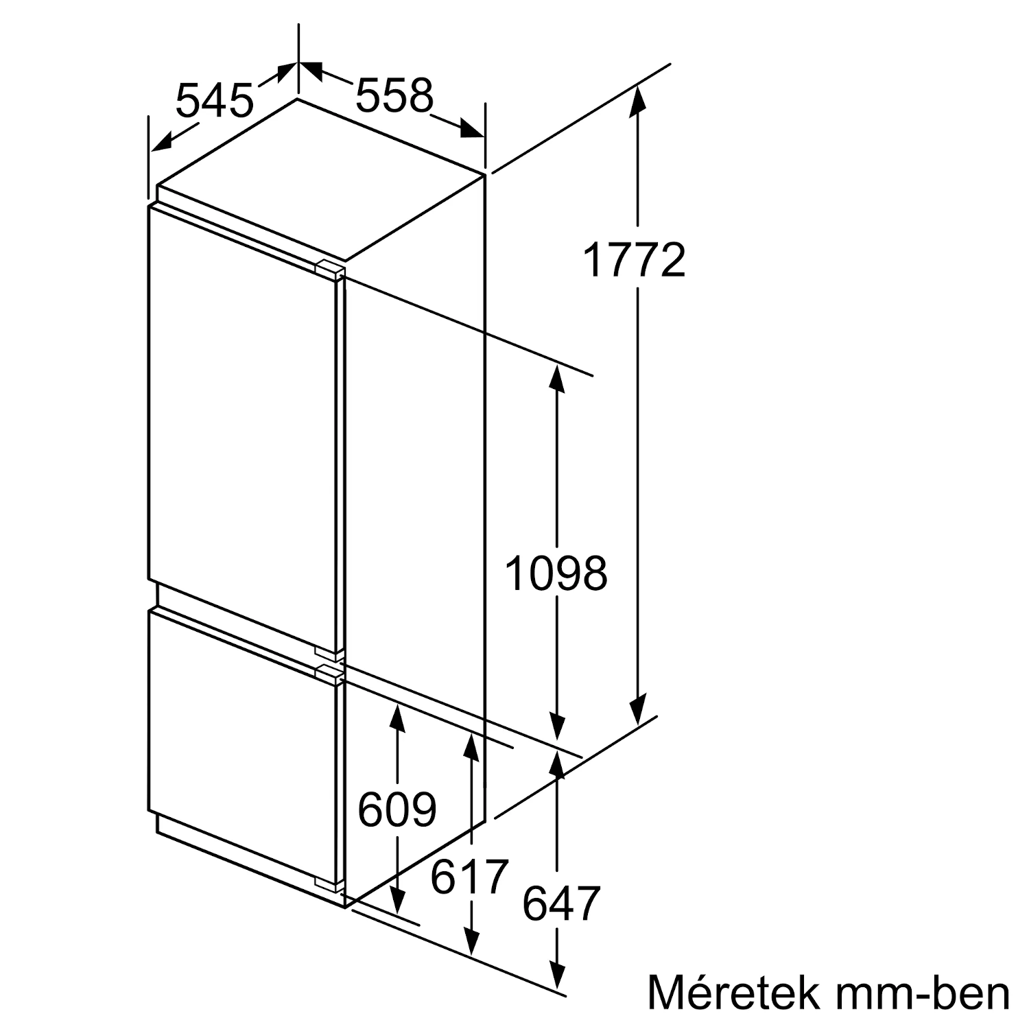 Egy Bosch hűtőszekrény-fagyasztó diagramja, méretekkel mm-ben.