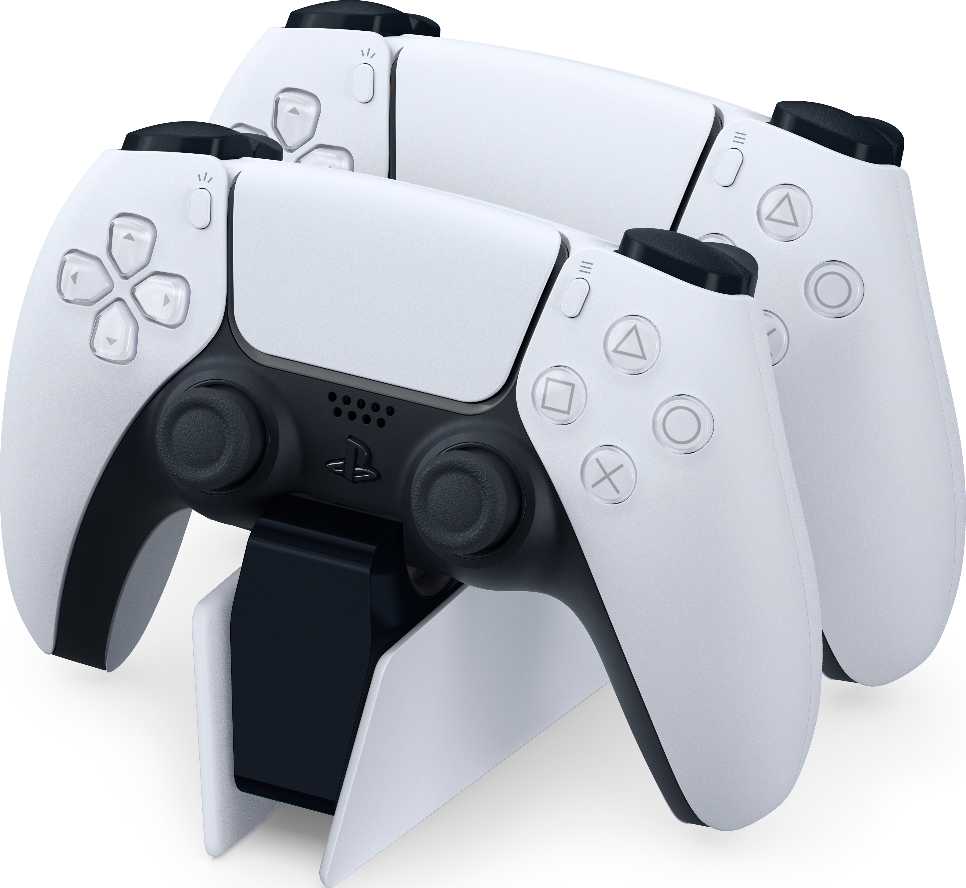 Zwei weiße und schwarze Gamecontroller auf einem weißen Ständer. Knöpfe und Sticks sind sichtbar.