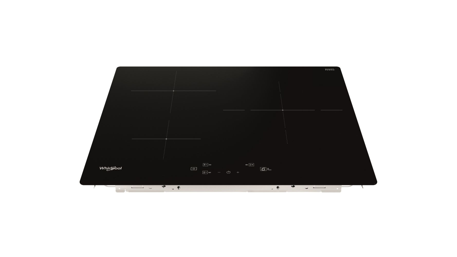 Una placa de inducción negra y rectangular. Tiene cuatro zonas de cocción y un panel de control blanco.