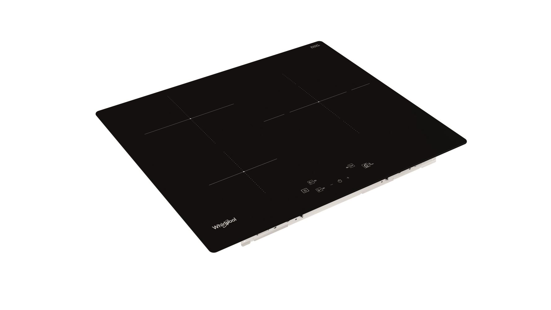 Placa de inducción negra con cuatro zonas de cocción, fondo blanco.