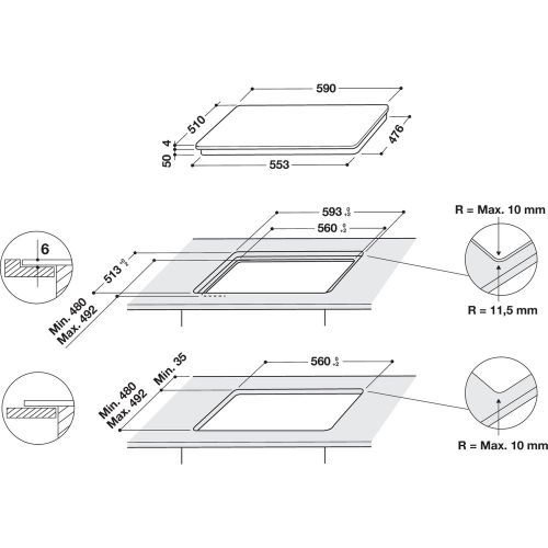 Diagrama de una placa de inducción mostrando dimensiones y recortes.