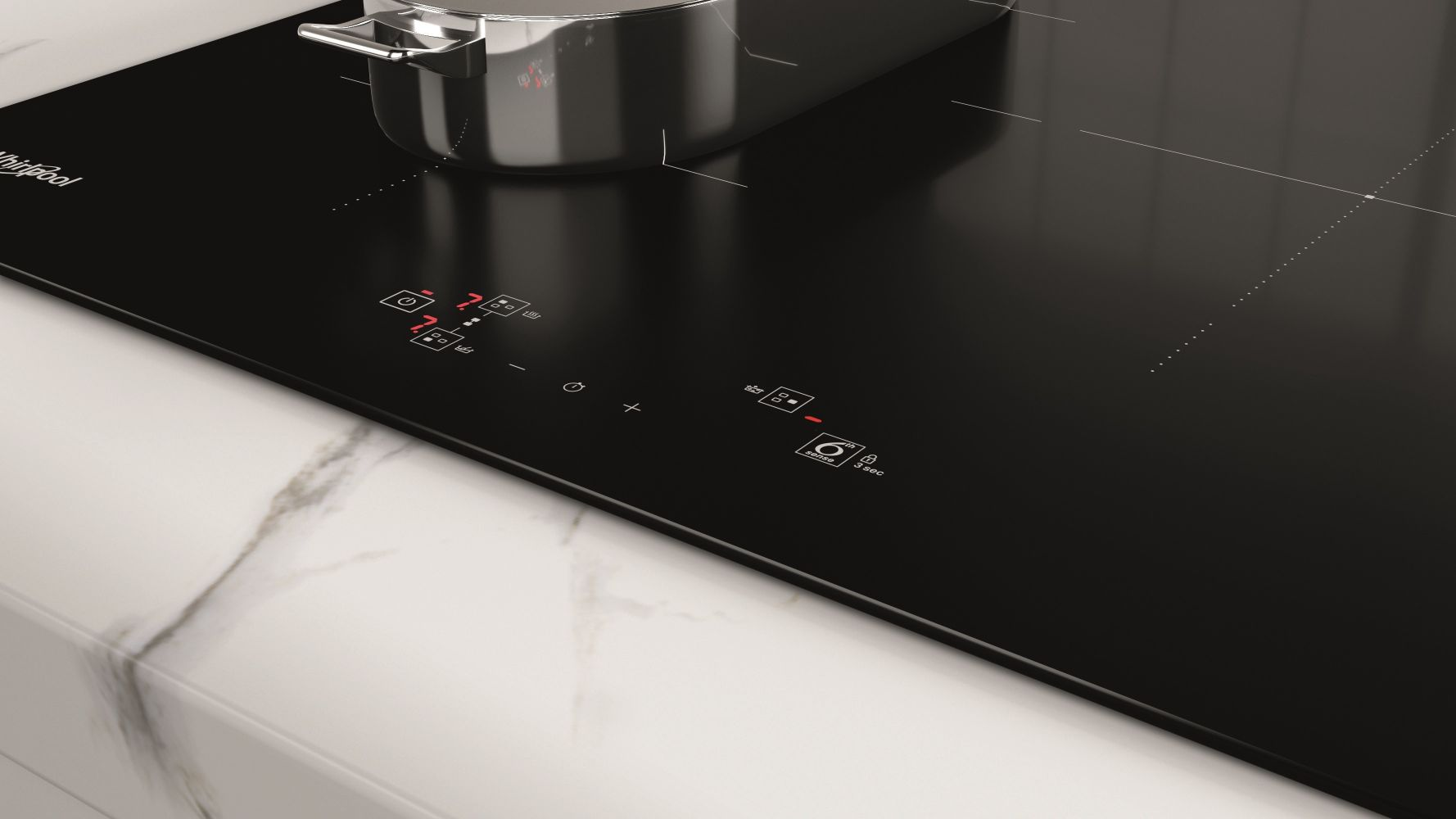 Placa de inducción negra con controles. Hay una olla en la superficie.