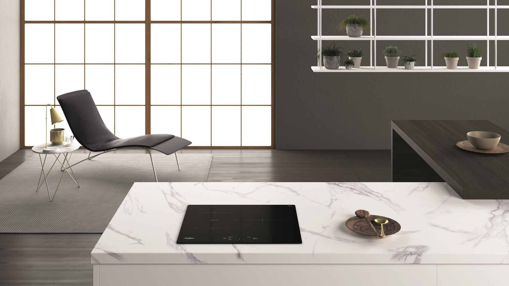 Cocina moderna con encimera blanca, encimera negra y una silla.