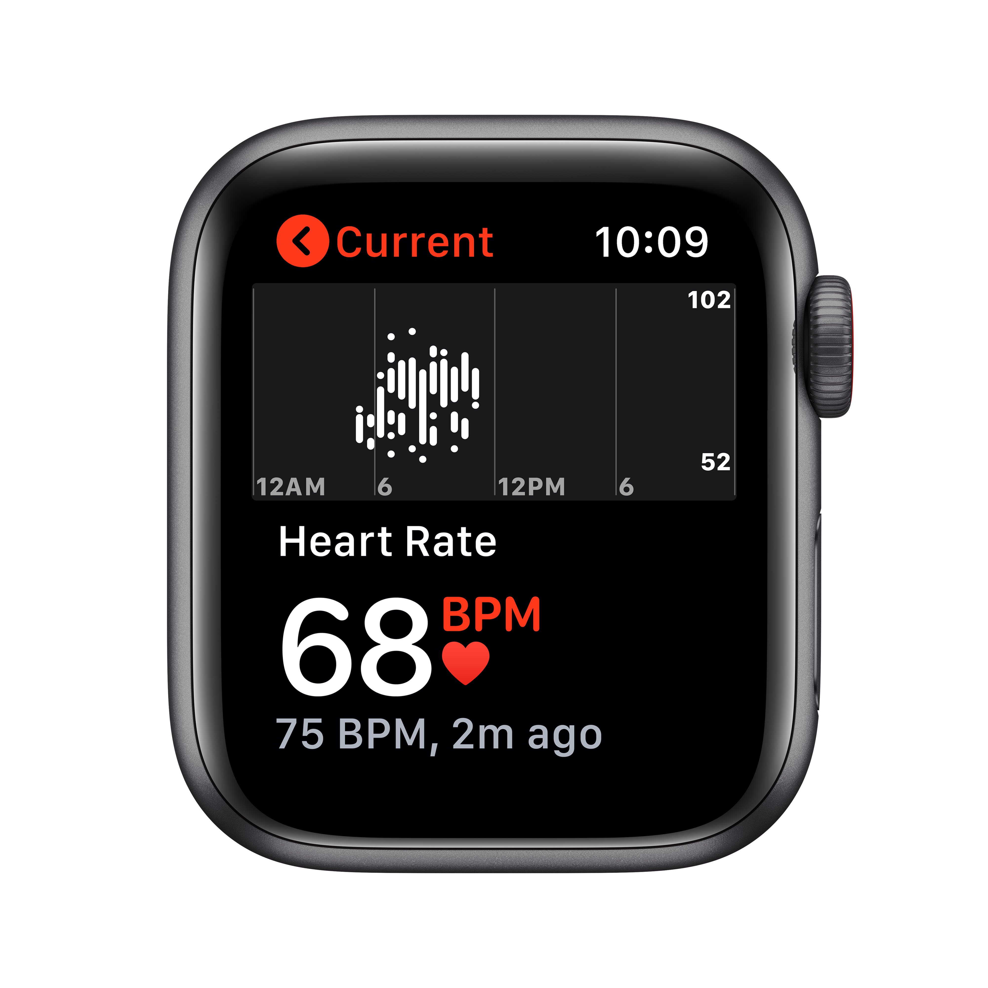 Ein schwarzer Apple Watch-Bildschirm, der Herzfrequenzdaten anzeigt.