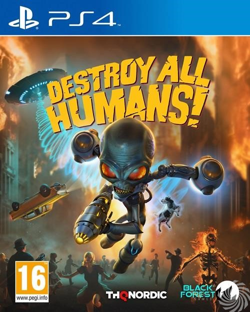 Gamecover voor 'Destroy All Humans!'. Een alien valt mensen aan, een UFO in de lucht.