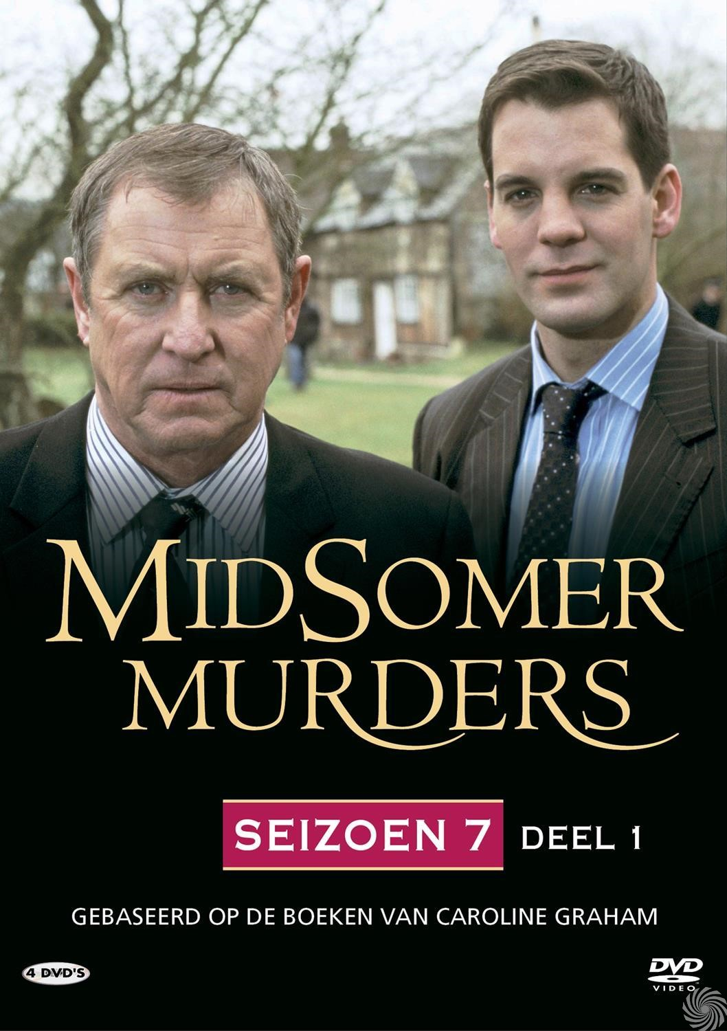 Two men in suits on a DVD cover. Text reads 'Midsomer Murders' with 'Seizoen 7 Deel 1'. Background shows a house.