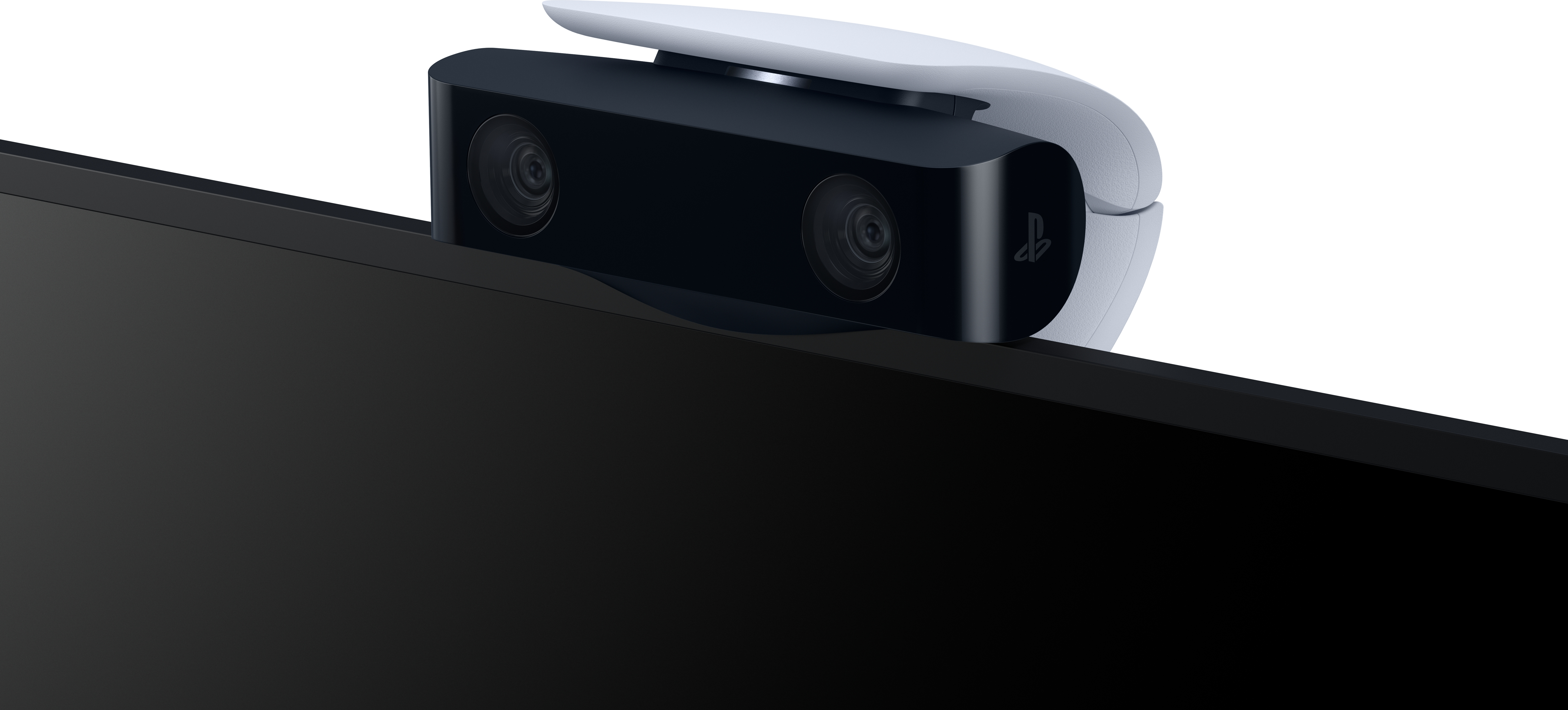 Caméra PlayStation 5, noire avec deux lentilles, montée sur un cadre TV noir.