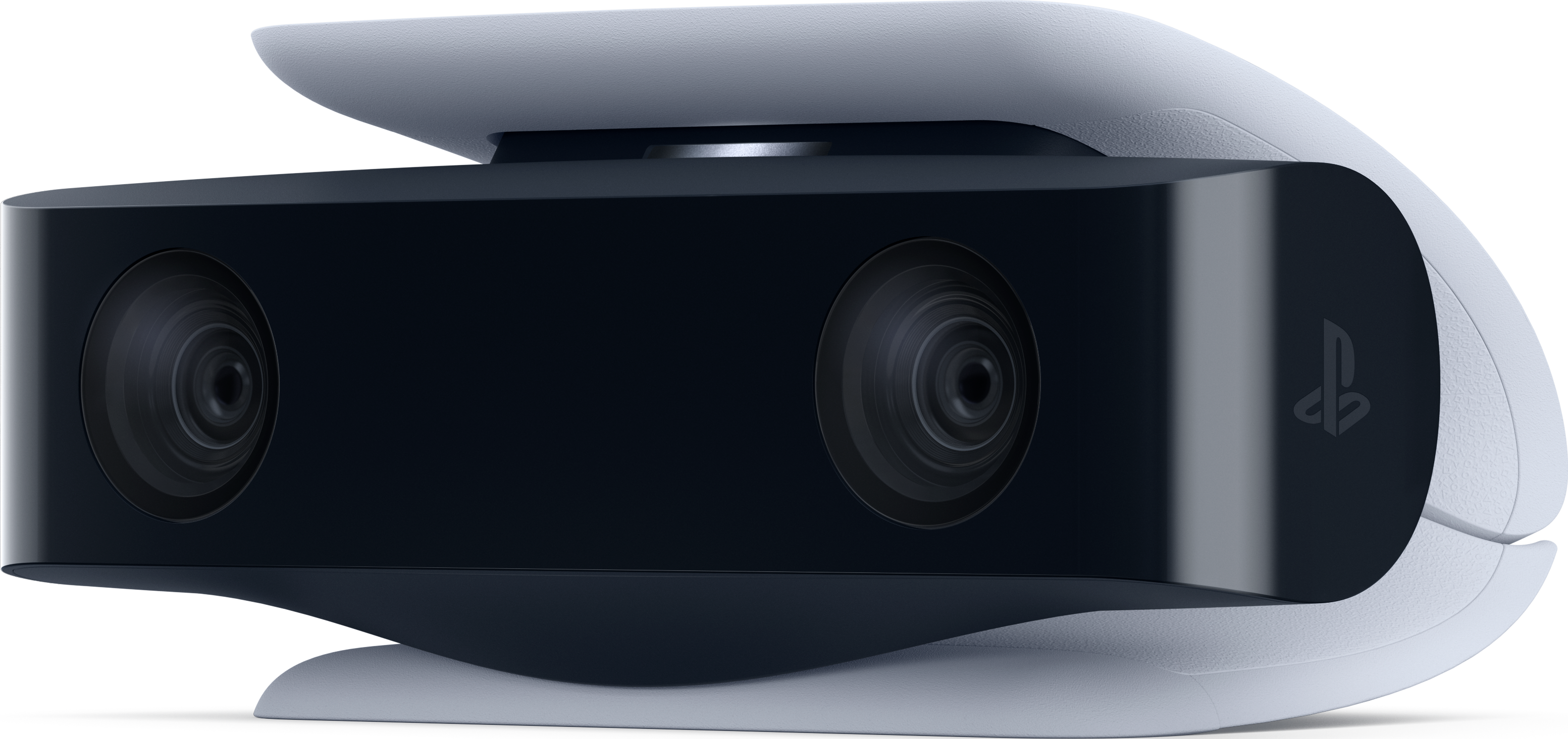 Une caméra PlayStation 5. Elle est noire avec des côtés blancs incurvés et deux objectifs.