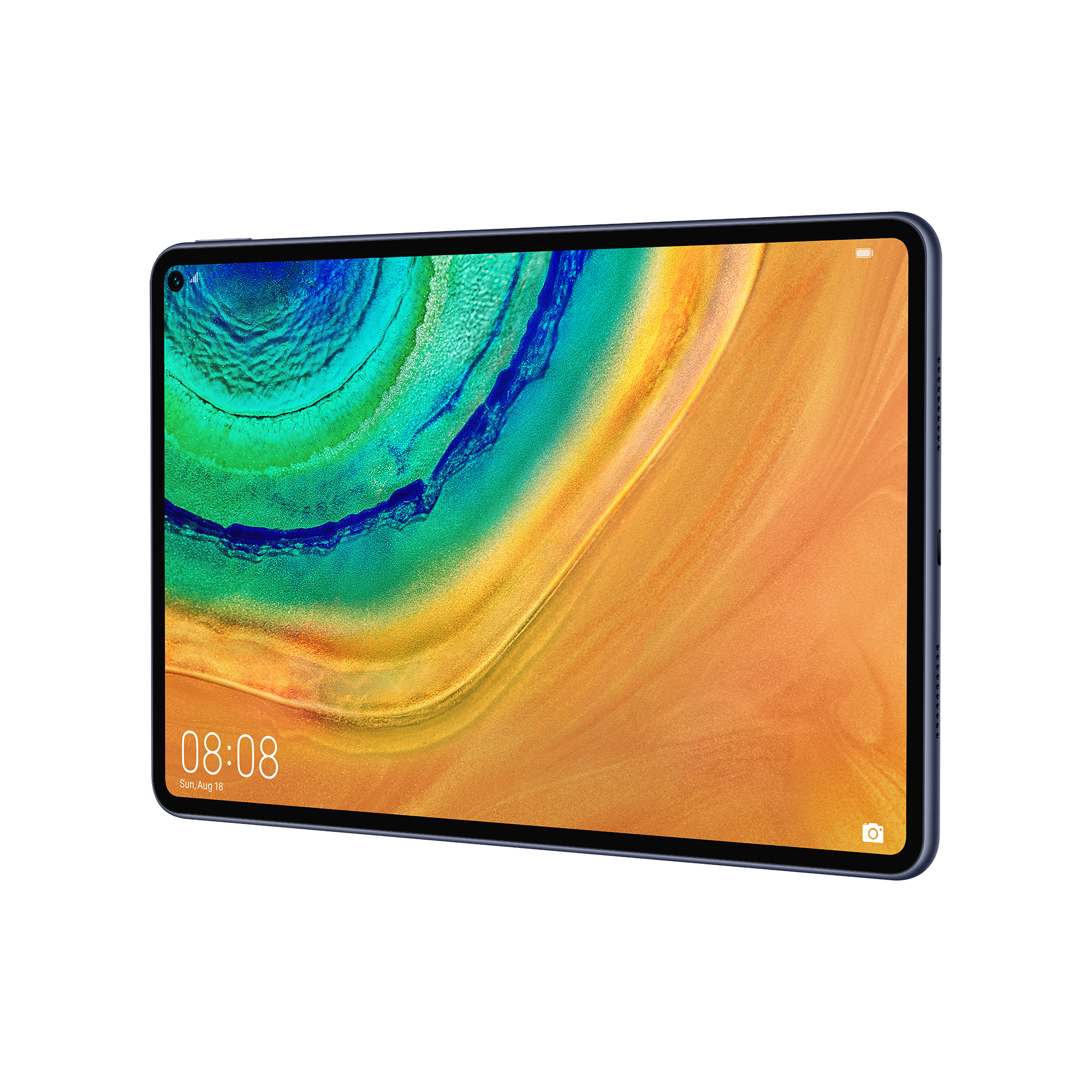 Tableta con pantalla grande. Muestra una imagen multicolor. Marco azul oscuro. Fondo blanco.
