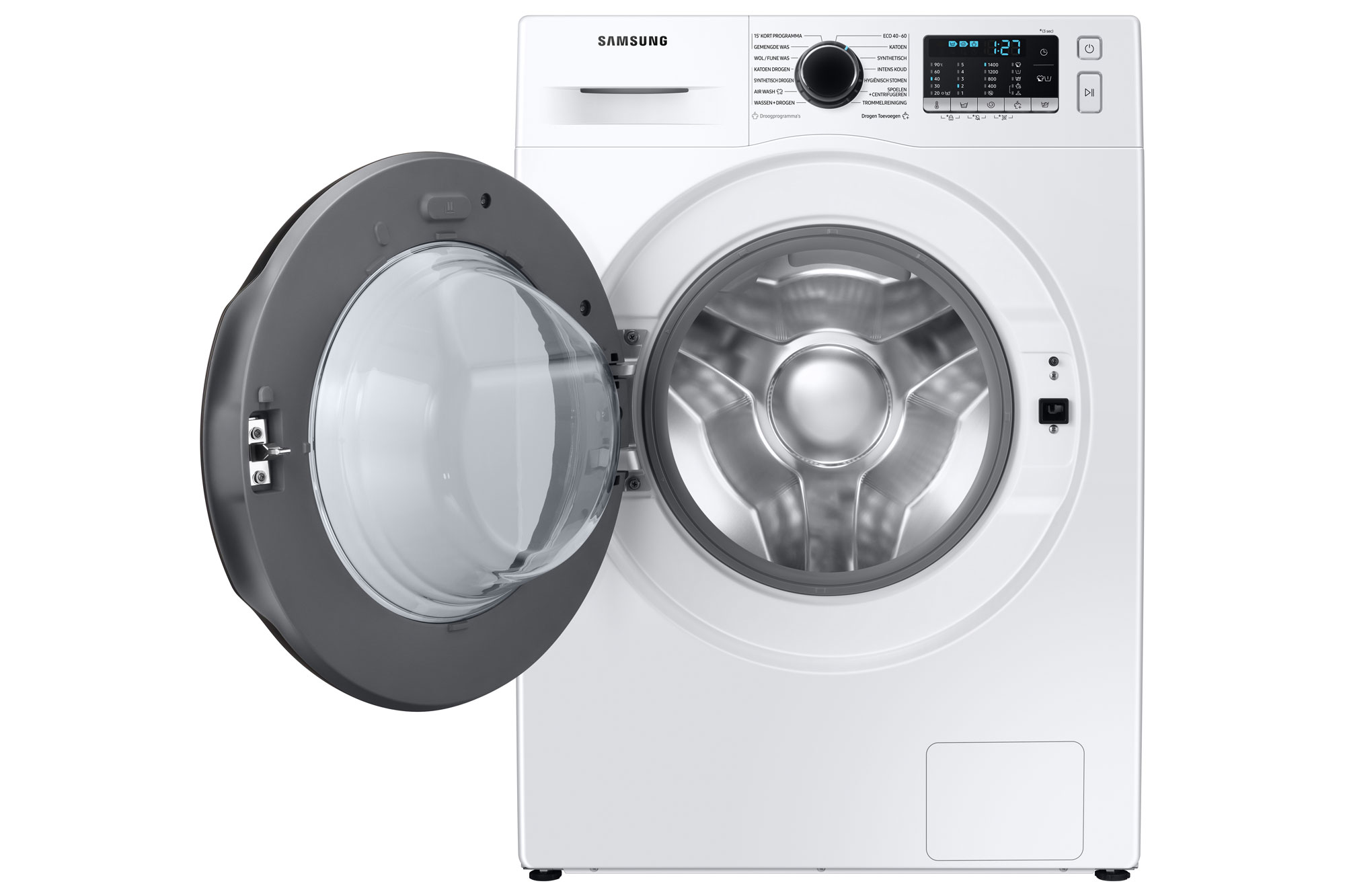 Een witte Samsung wasmachine met de deur open, de trommel tonend. Bedieningselementen zijn zichtbaar.