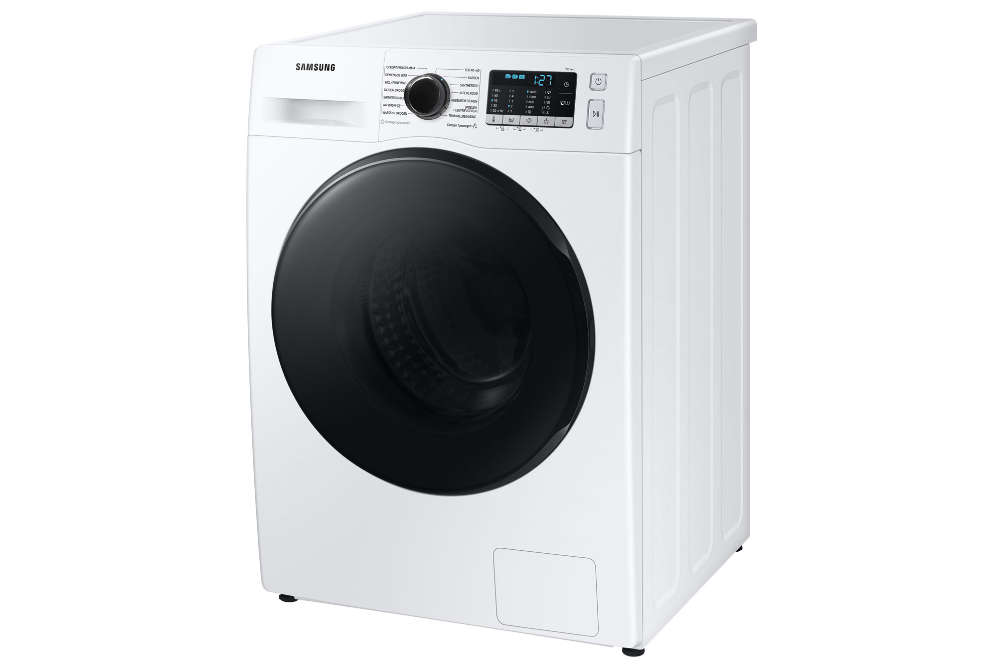 Witte Samsung wasmachine, vooraanzicht, geïsoleerd op wit.