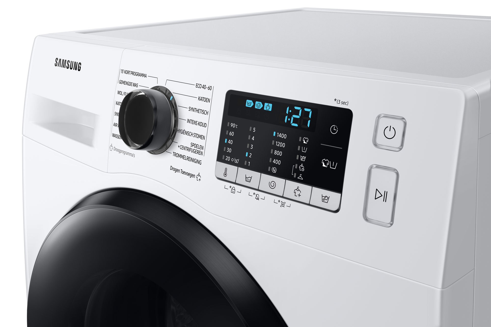 Close-up van het bedieningspaneel van een witte wasmachine met een digitaal display.