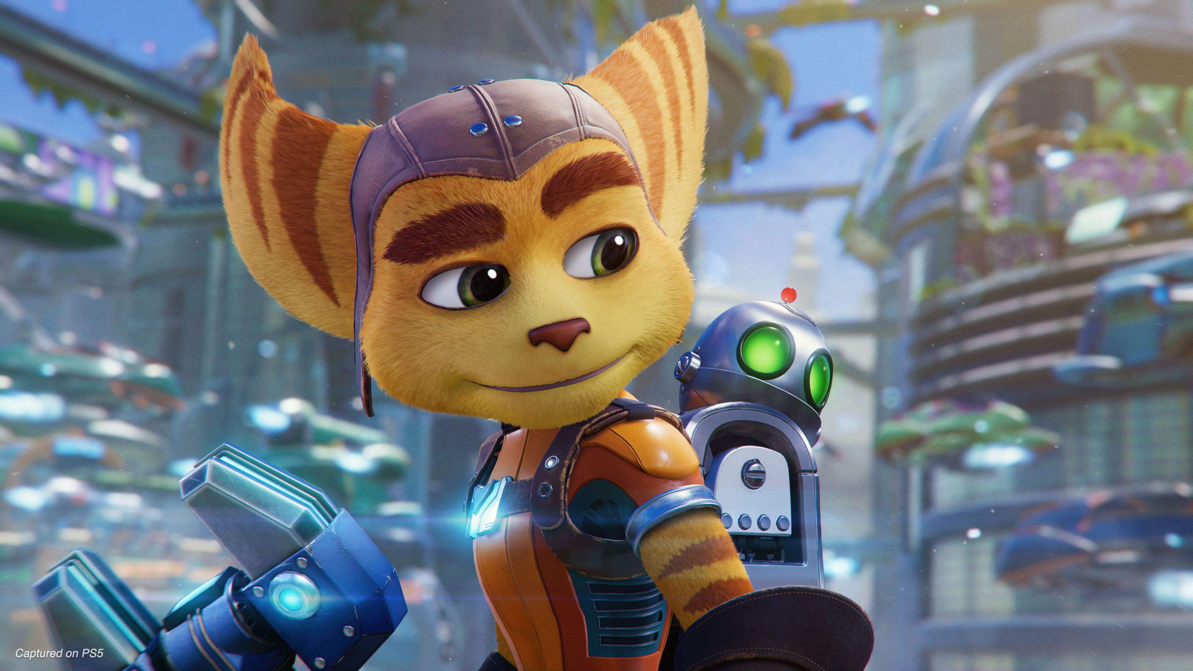 Ratchet, een harig personage, en een robot, uit een videogame.
