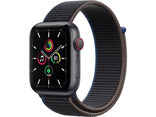 APPLE Watch SE (GPS + Cellular) 44 mm - Montre intelligente (140 - 220 mm, Nylon tissé, Gris sidéral/Charbon)