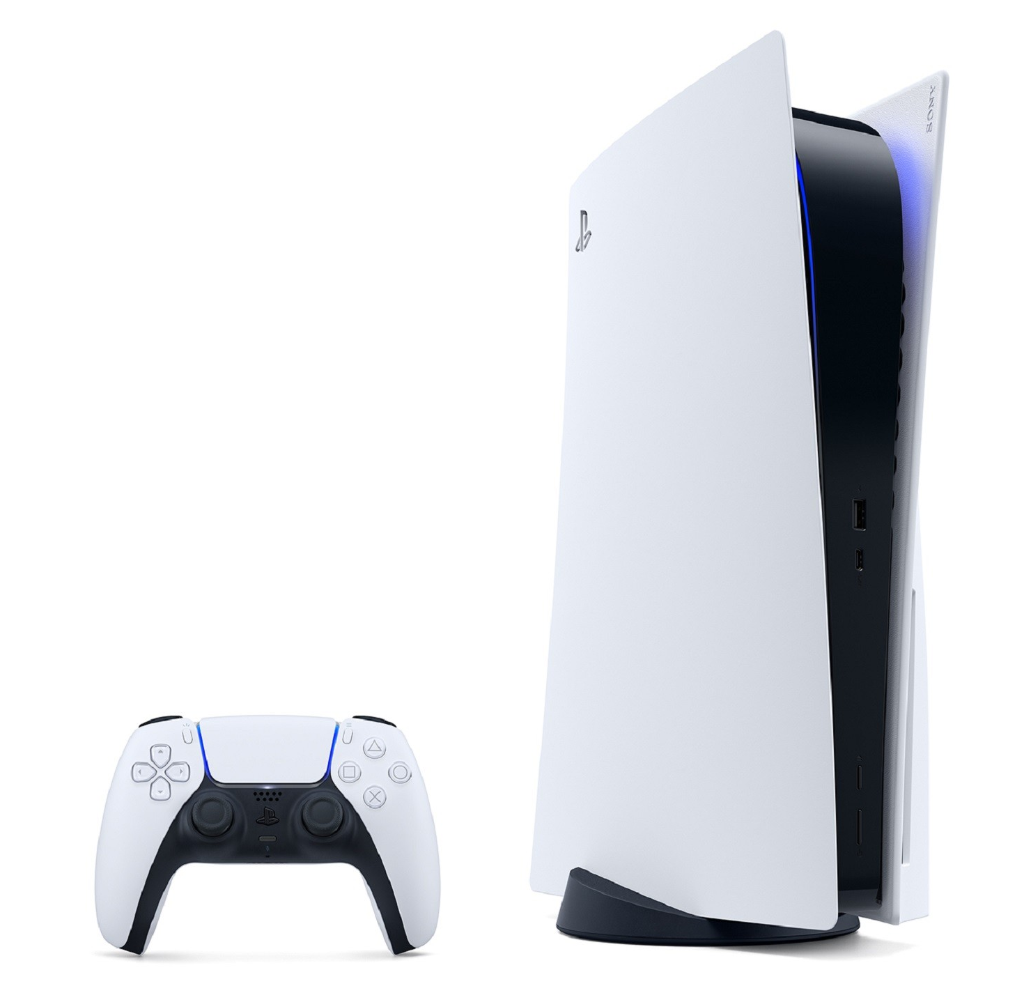 Consola PlayStation 5 y mando. La consola es blanca con centro negro. El mando es blanco.