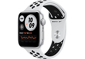 APPLE Watch Nike SE (GPS) 44 mm - Montre intelligente (140 - 220 mm, Fluoroélastomère, Argent/Platine pur/Noir)