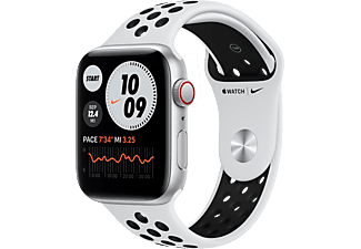 APPLE Watch Nike SE (GPS + Cellular) 44 mm - Montre intelligente (140 - 220 mm, Fluoroélastomère, Argent/Platine pur/Noir)