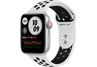 APPLE Watch Nike SE (GPS + Cellular) 44 mm - Smartwatch (140 - 220 mm, Fluorelastomer, Silber/Pure Platinum/Schwarz)