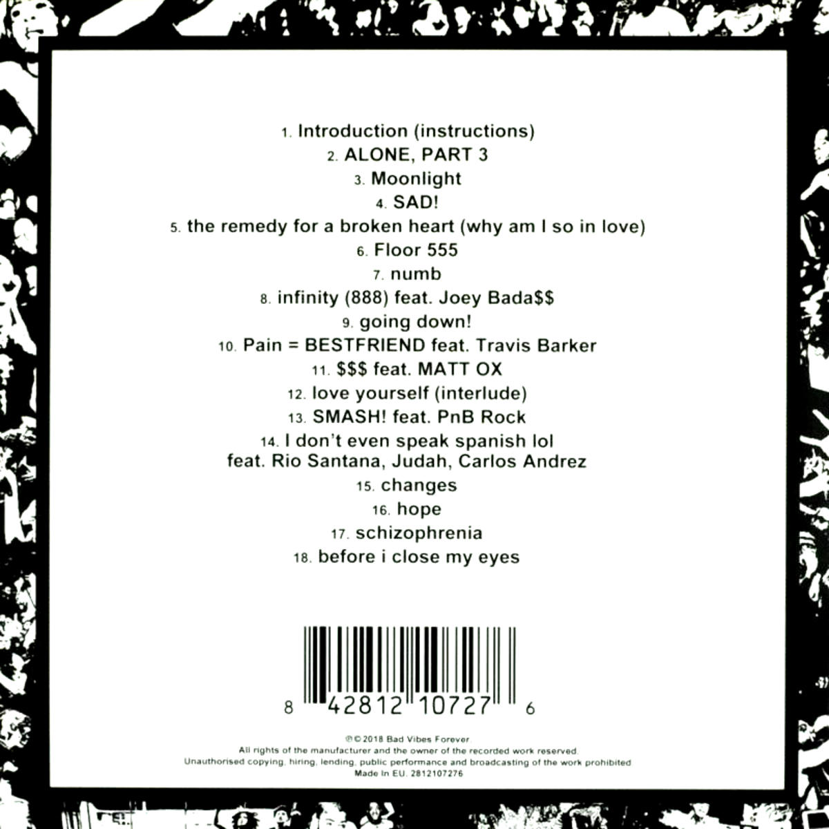 Album hátlapja, fekete-fehér, számlista és egy vonalkód az alján.