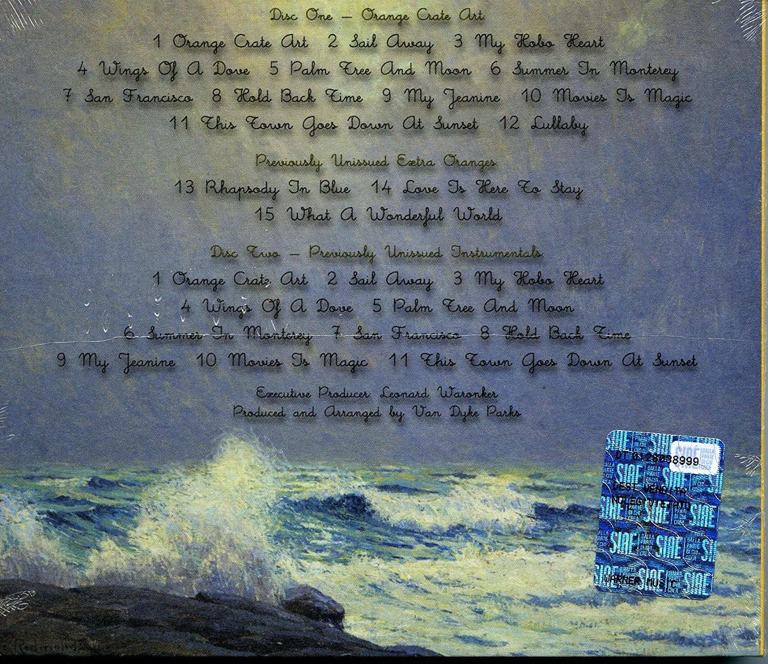 Albumrückseite, Trackliste, blaues Ozean-Gemälde und Aufkleber unten.