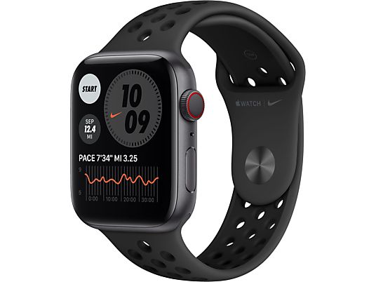 APPLE Watch Nike Series 6 (GPS + Cellular) 44 mm - Smartwatch (140 mm  - 220 mm, Fluorelastomer, Space Grau/Anthrazit/Schwarz)